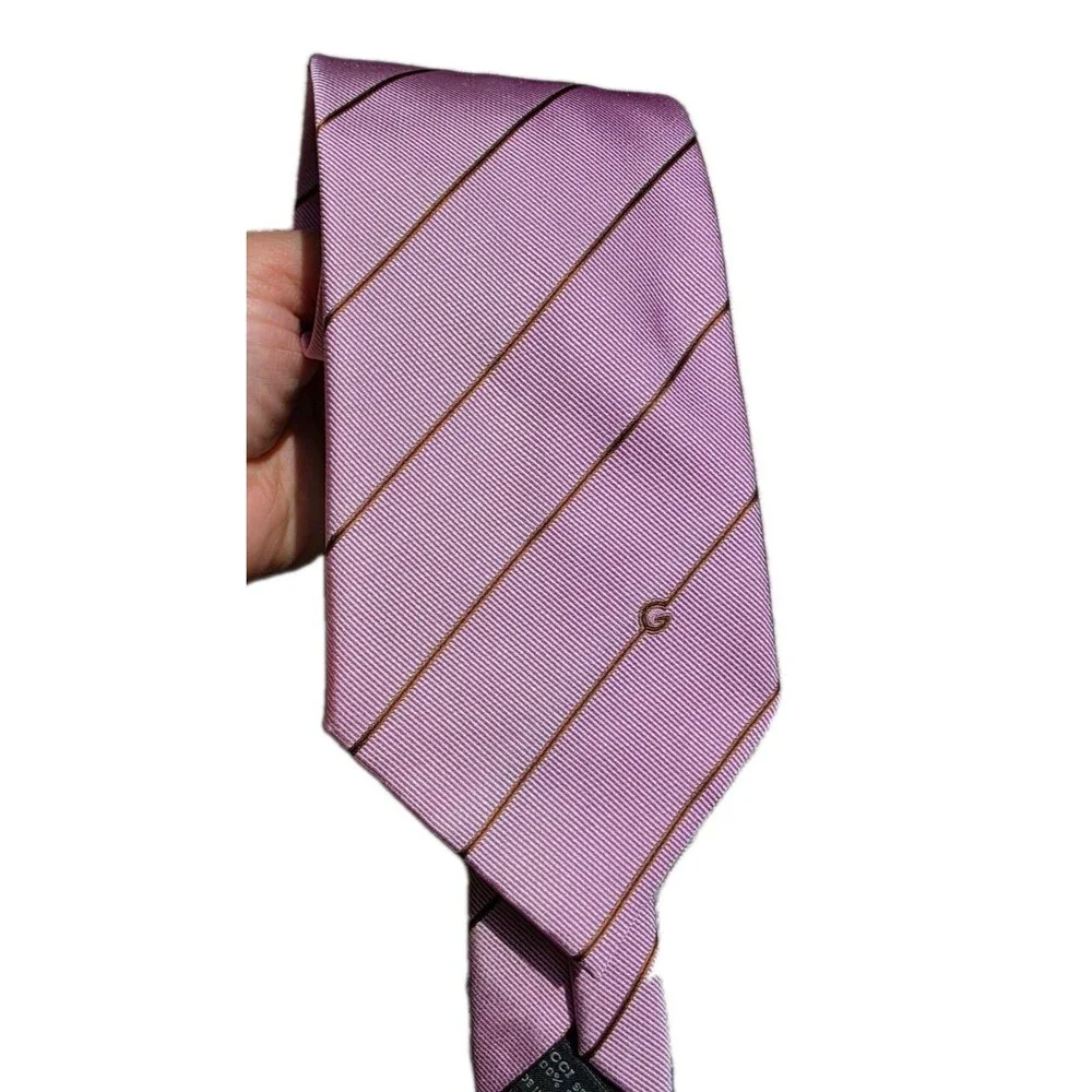 Gucci Mens 100% Silk Tie Made In Italy Pink Brown Stripe 3.75x58 Authentic 🇮🇹